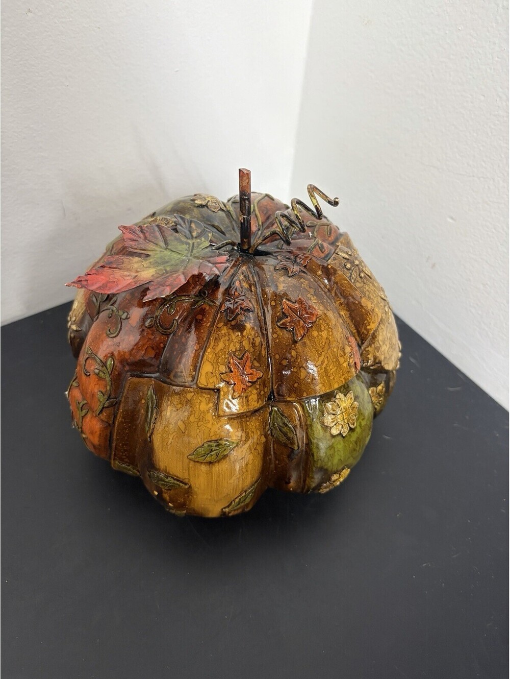 Pumpkin Figurine With Embossed Flowers & Metal-like Leaf - Orange, Red, Green